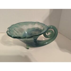 Vintage Sooner Glass Hand-Blown‎ Cornucopia Bluish Green Bowl